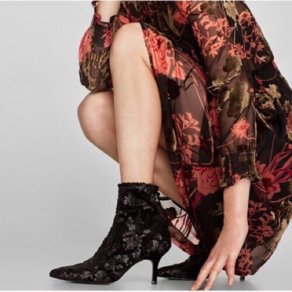 Zara Sequin Fabric / Velvet Ankle Boots - Black - Picture 3 of 15